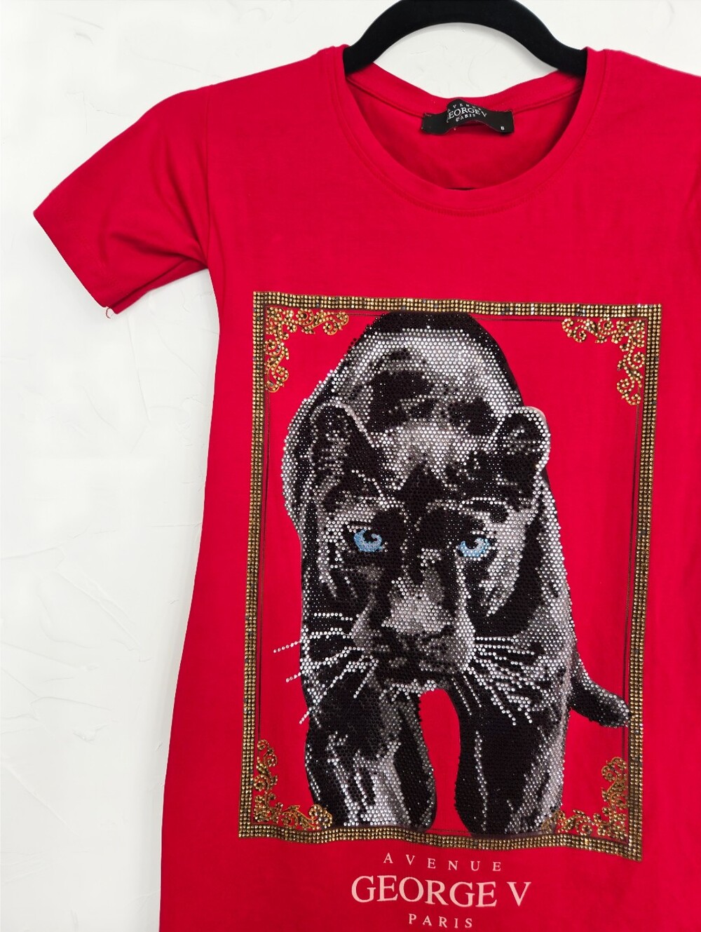 Avenue George V Paris Rhinestone Black Panther Red Top, S